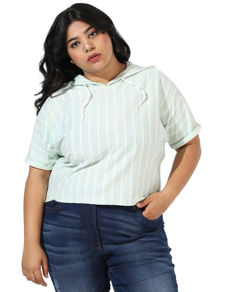 Front of a model wearing a size 3XL Mint Green Striped Crop Sweatshirt in Mint by Instafab Plus. | dia_product_style_image_id:298017